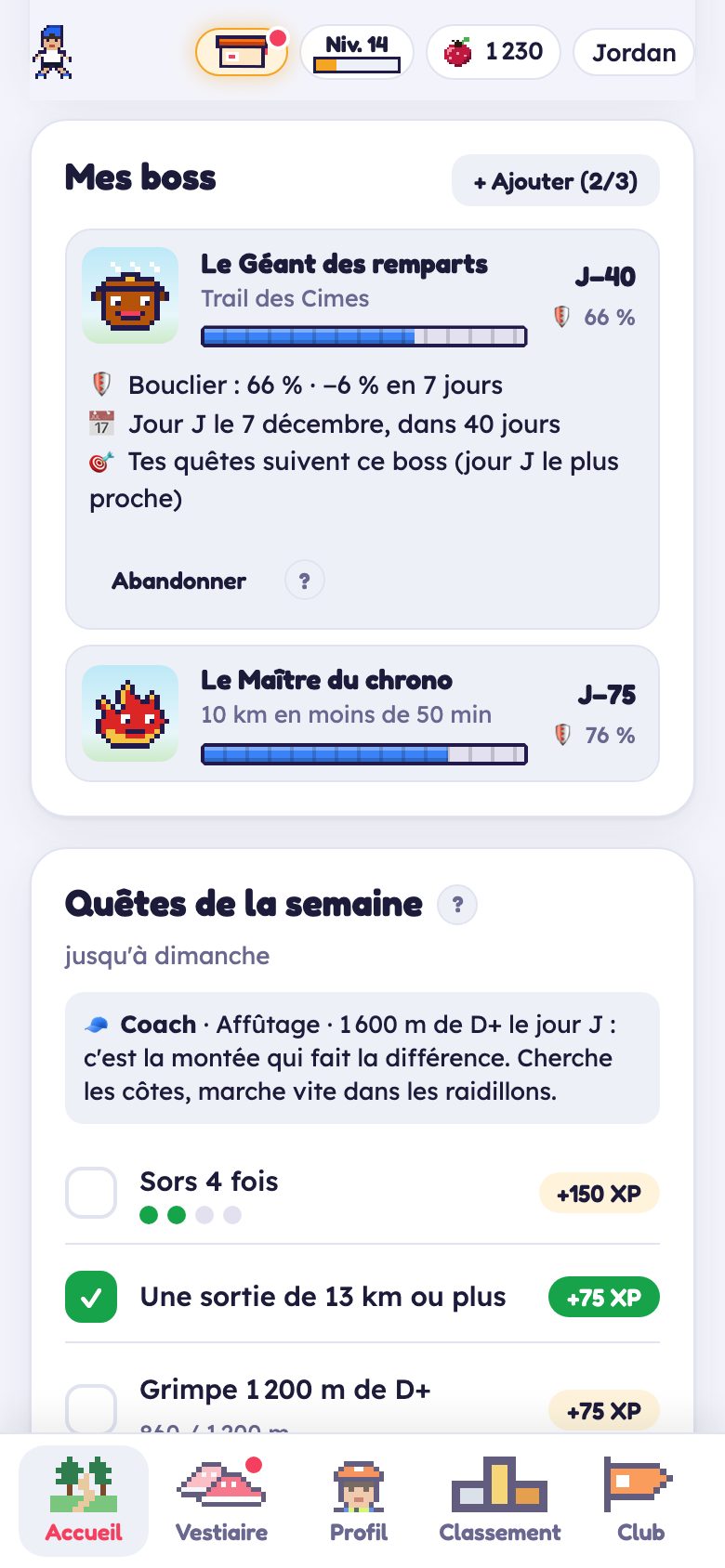 La liste des boss : chaque objectif est une créature de l'île, avec son bouclier et le compte à rebours du jour J